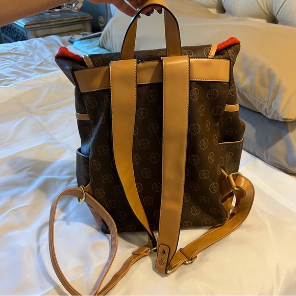 Adrienne Vittadini Brown and Tan Backpack with Orange‎ Trim Drawstring, Magnetic - Picture 2 of 13